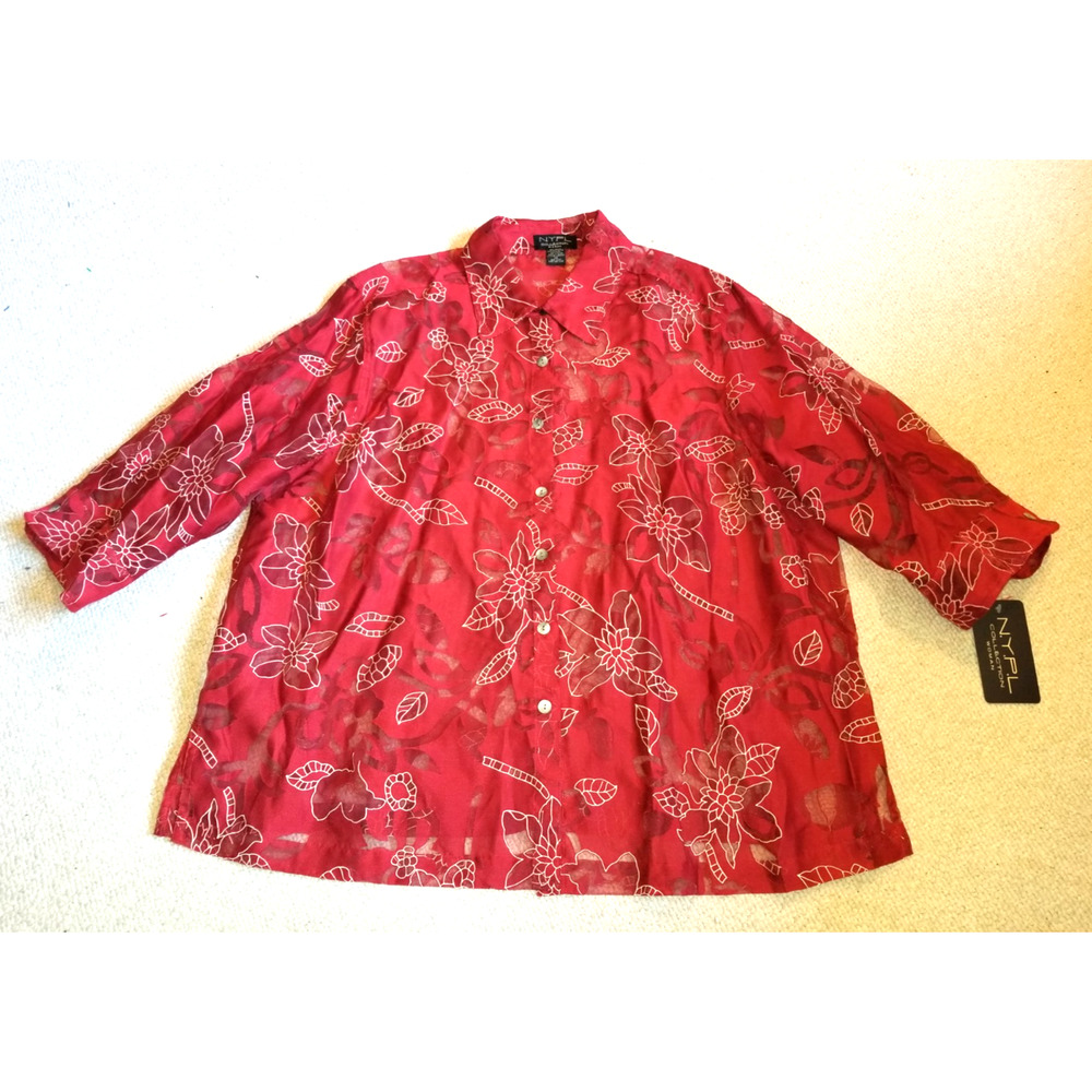 NWT Womens Top-NYPL COLLECTION-dk red/white floral sheer button-up 3/4 slv-3X